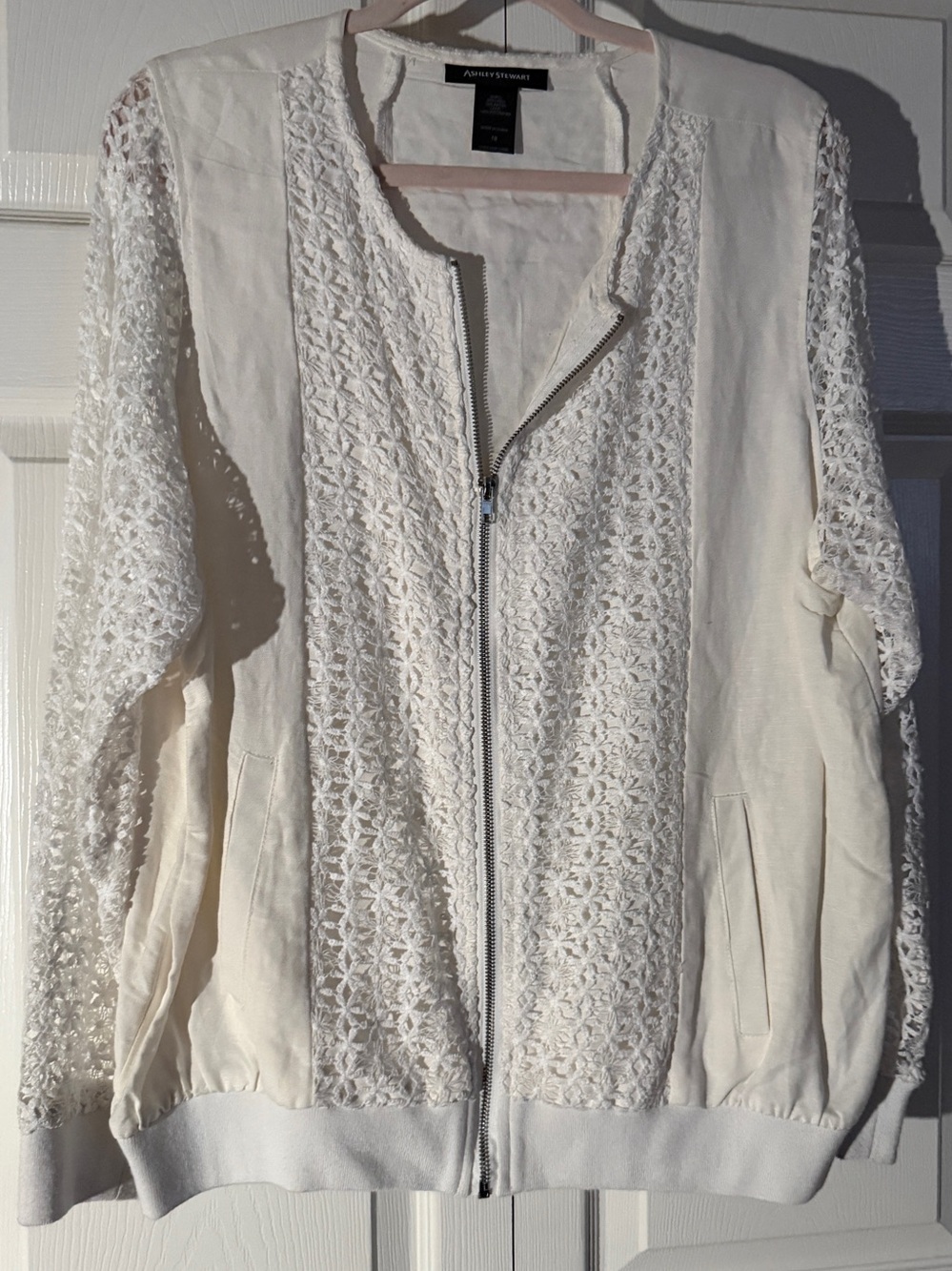 Ashley Stewart Cream Linen-Blend Top with Lace Trim